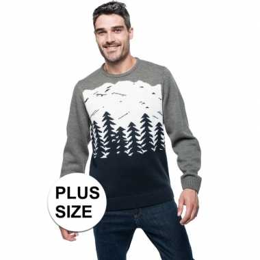 Grote maten foute kersttrui navy/grijs met bomen voor heren