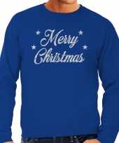 Kersttrui merry christmas zilveren glitter letters blauw heren